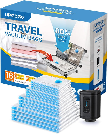Combo 16 Pack Travel Vacuum Bags with Portable Electric Pump, Space Saver Vacuum Storage Bags for Clothing and Luggage, Travel Essentials