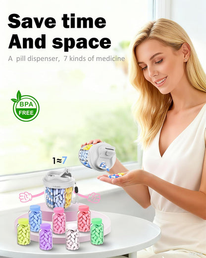 Cute Pill Organizer,Pill Dispenser with 7 Large Compartments,Portable Pill Bottle Box with Wide Opening for Easy Use, Anti-Mix Pills Organizer for Travel,Includes 20 Pcs Sticky Labels(Gray)