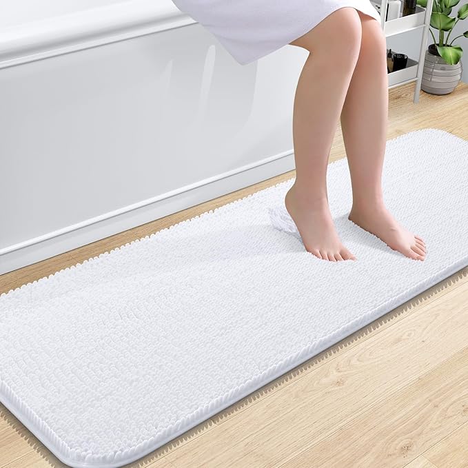 OLANLY Bathroom Rugs 59x20, Extra Soft Absorbent Chenille Bath Rugs, Rubber Backing Quick Dry, Machine Washable Bath Mats for Bathroom Floor, Tub and Shower, Home Decor Accessories, White