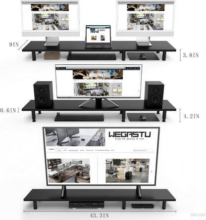 Large Dual Monitor Stand Riser 43.3IN， Home Office Storage For Desk Accessories，Solid Wod Desk With Adjustable Legs For computer/PC/Laptop/Printer/Container/dressing table (Black)