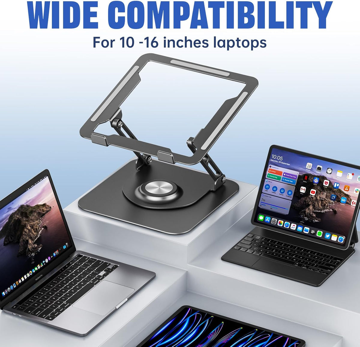 Laptop Stand for Desk, Adjustable Computer Stand with 360° Rotating Base, Ergonomic Laptop Riser for Collaborative Work, Foldable & Portable Laptop Stand, fits for All 10-16" Laptops