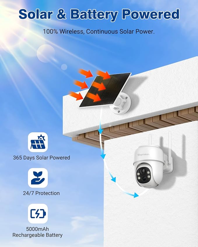 Septekon 360°PTZ Security Cameras Wireless Outdoor 2 Pack, 2K Solar Battery