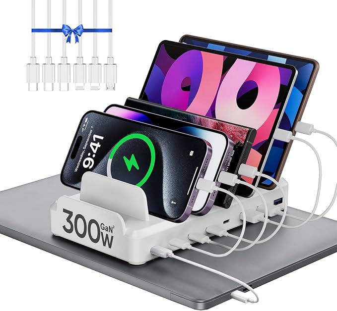 300W Charging Station for Multiple Devices, 8 Port Multi USB C Fast Charger