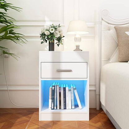 Auromie Nightstand with Charging Station and LED Lights, Concealment Furniture