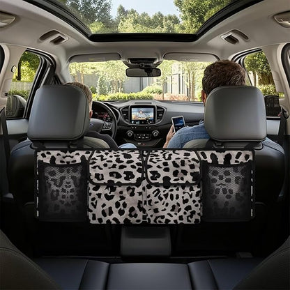 SEANATIVE Black Leopard Print Car Trunk Organizer, Hanging Trunk Organizer for SUV, Backseat Car Organizer with 4 Large Compartments, Car Accessories Interior, Space Saving Expert