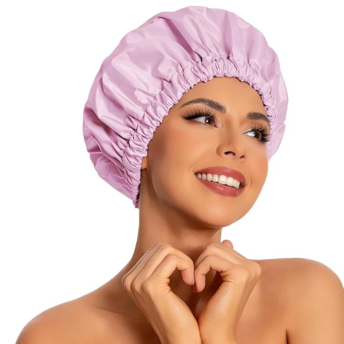 Reusable Shower Cap for Women, Large Waterproof Shower Essentials Bonnet Washable Elastic Band Bath Hair Wrap Hat for Long Hair, Braids(Purple)