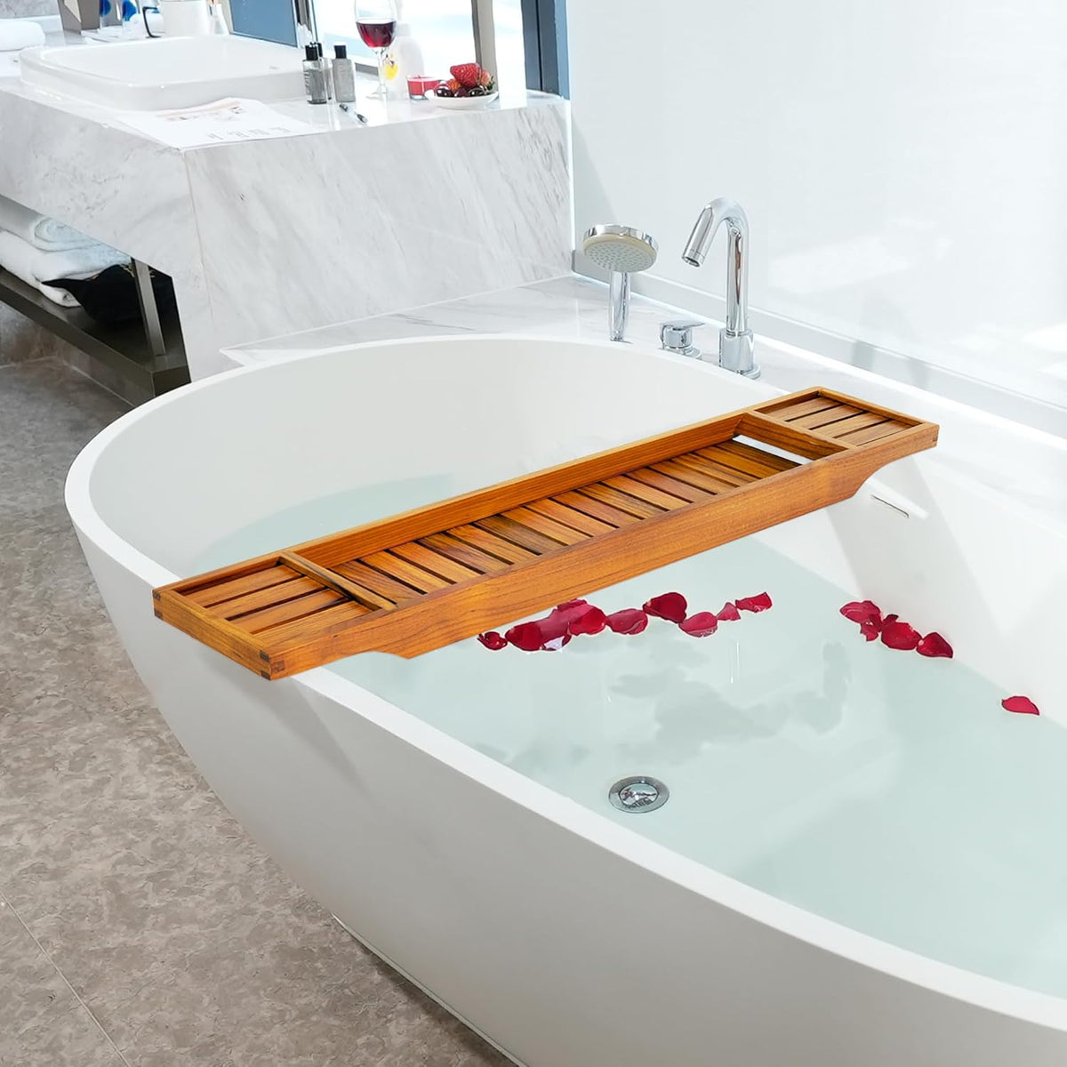 VaeFae Teak Bathtub Tray, Wooden Bath Caddy for Bathtub, Bath Tub Wood Table for Tub