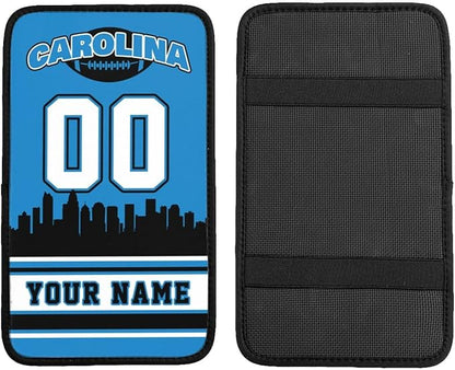 Custom Carolina Car Armrest Covers Personalized Football Style with Name Number Customized Auto Center Console Pad Car Handrail Box Cushion for Most Vehicle Decor Accessories, Fans Gift