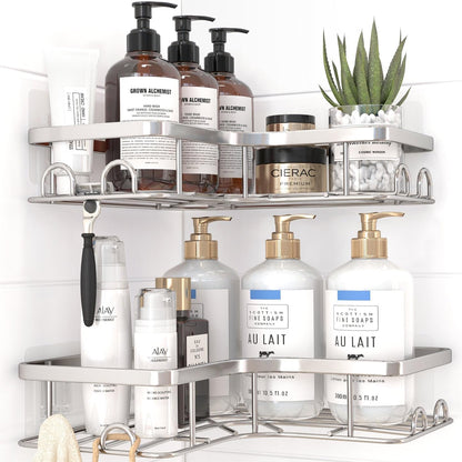 Corner Shower Caddy - 2 Pack, Adhesive Shower Organizers, Rustproof Stainless Steel Shower Shelves with 8 Hooks, No Drilling Bathroom Organizers and Storage Racks, Space-Saving, Silver, Medium