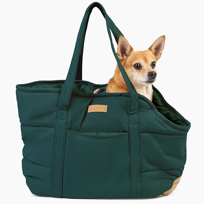 NoblePup Plush Dog Purse Carrier for Small Dogs, Soft Dog Tote Bag with Safety Harness Clip, Cozy Pet Carrier for Dogs Under 15 lbs, Comfortable Dog Shoulder Carrier for Travel, Green