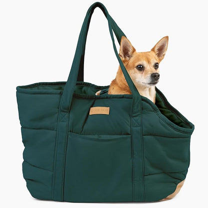 NoblePup Plush Dog Purse Carrier for Small Dogs, Soft Dog Tote Bag with Safety Harness Clip, Cozy Pet Carrier for Dogs Under 15 lbs, Comfortable Dog Shoulder Carrier for Travel, Green