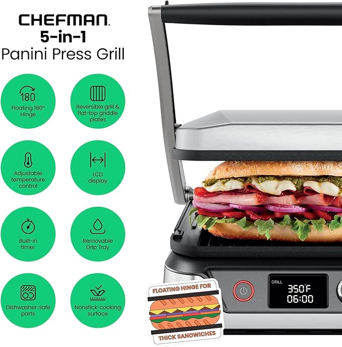 Chefman 5-in-1 Digital Panini Press Grill Sandwich Maker and Griddle Grill Combo