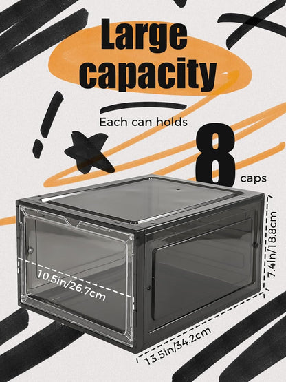 6 Pack Hat Organizer Box, Stackable Clear Baseball Caps Holder Box Containers with Magnetic Door for Hats Snapback Cap Storag, Hat Rack Display Case, Holds 8 Hats Each (Black)