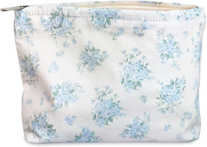 STARDW Aesthetic Floral Makeup Bag Cute Small Cosmetic Bags for Women Girls, Travel Toiletry Bag Large Capacity Zipper Makeup Pouch, Purse Organizer Pouches (Flowers Blue)
