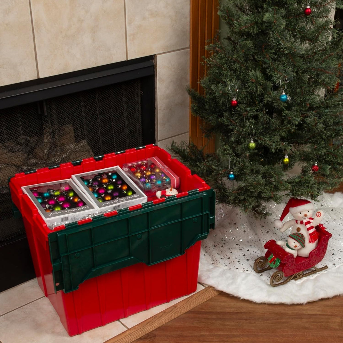 Akro-Mils KeepBox 18 Gallon Storage Container, Nesting and Stackable Plastic Storage Box with Lid Attached, Clear Tote for Garages, Closets, and Moving, 21" x 15" x 17", Red/Green