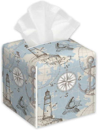 Compass Sea Map Tissue Box Cover Square,Seashells Tissue Box Holder with Belt Bottom,Stylish Leather Napkin Holder for Vanity Countertop,Nightstands,Office Desk,5.2"×5.2"×5.2"