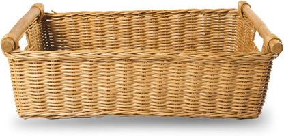 The Basket Lady Low Pole Handle Wicker Storage Basket, Large, 19.5 in L x 12.5 in W x 6 in H, Sandstone
