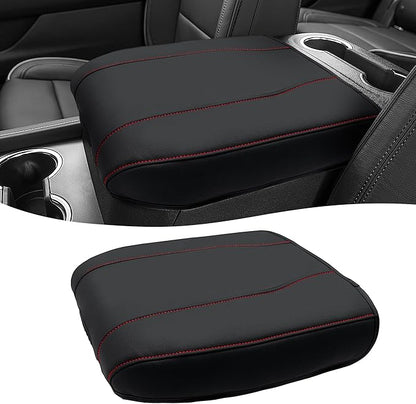 Center Console Cover for Chevy Silverado 1500 Accessories & GMC Sierra 2019-2026, Yukon & Tahoe & Suburban 2021-2026, Bucket Seat Only, Vinyl Armrest Middle Console Cover, Black-Red Stitch