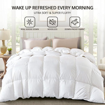 Globon Winter White Goose Down Comforter California King Size,800 Fill Power,420 Thread Count Ultra Soft Noiseless Shell with Corner Tabs, White