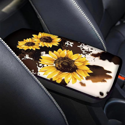 Dreaweet Sunflower Brown Cow Print Center Console Cover Cute Car Accessories for Women Car Armrest Cover Cushion Soft Comfy Car Arm Rest Cover Pad Universal for Most Vehicles