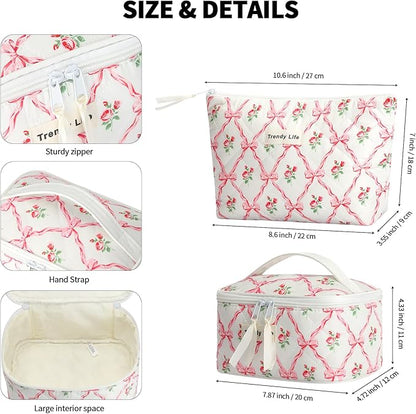 HAOGUAGUA 2 Pieces Makeup Bag, Small Large Quilted Cosmetic Bag, Travel Floral Make Up Toiletry Organizer Bag for Women Girls (2PCS STYLE B-1)