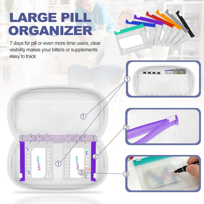 Weekly Pill Organizer 2 Times a Day - Timueetech A6 Waterproof 14 Pill Pouch Bags for Travel, BPA-Free Medicine Storage with Labels & Self-Sealing Design for Vitamins and Supplements, Purple
