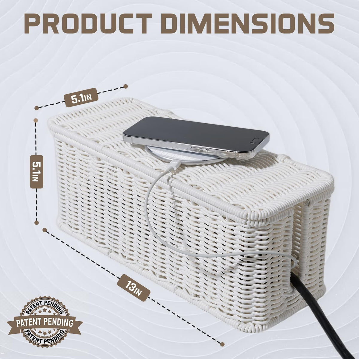 Cable Management Box, Handmade Rattan Cable Organizer, 2 Open Slots Cords Hider Box, Under Desk Cord Organizer for Computer Router USB Hub & Power Strip, Patent Pending, 13" x 5.1" x 5.1", White