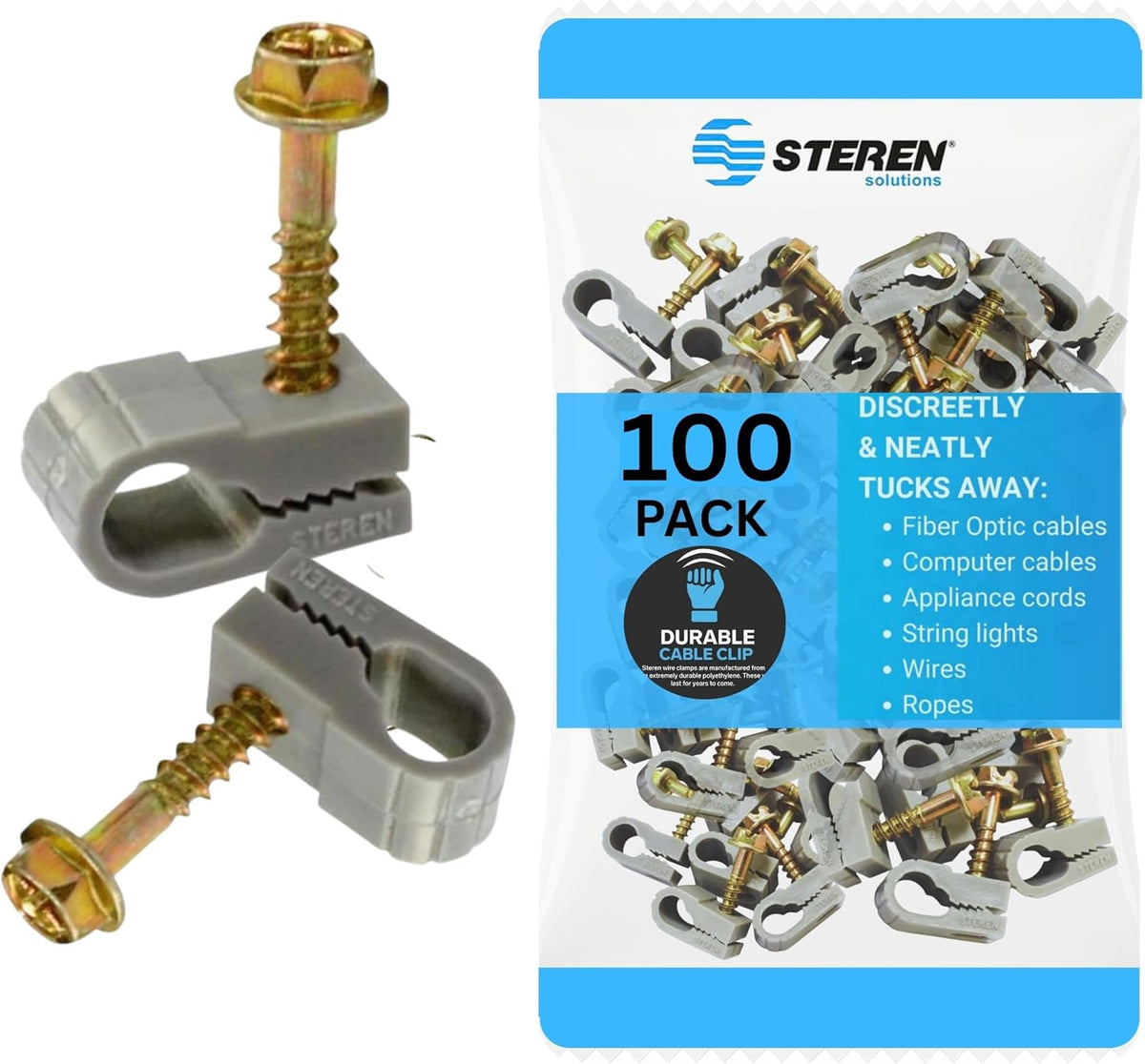 STEREN Coaxial Cable Clips - Cable Holder - Wire Clips - Siding Clips for Hanging - Cord Holder for Desk - Cable Clamps (Gray, 100 Count - Single Screw)