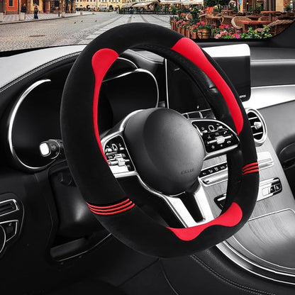 Furry Cute D Shaped Steering Wheel Cover, Soft Fluffy Short Plush Auto Accessories, Non-Slip Cold-Proof Sweat-Proof Colorfast, Universal 15 inch(Black with Red)