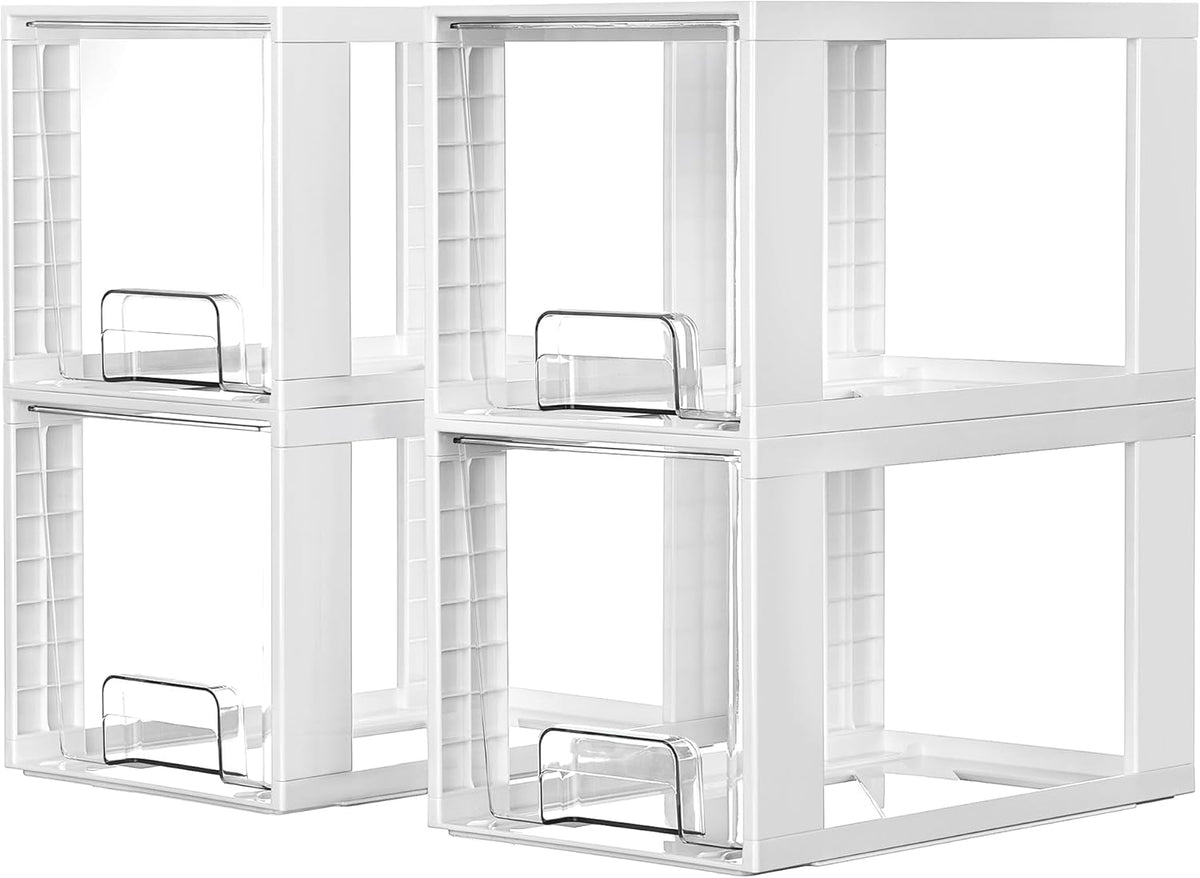 Vtopmart 4 Pack Large Stackable Storage Drawers,White,Easily Assemble Acrylic Bathroom Closet Undersink Organizers and Storage,Plastic Bins for Kitchen Cabinets,Pantry,Makeup,Medicine Organization