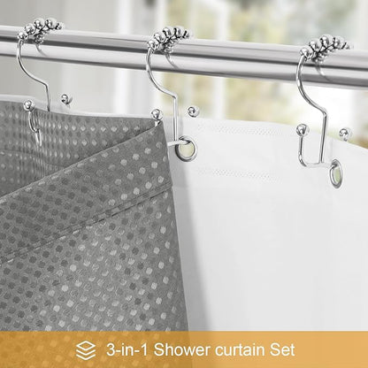 Craidlela 3 in 1 Stall Half Size Shower Curtain Set-36 W x 72 H, Grey Waffle Waterproof Fabric and PEVA Liner Set with Stainless Steel Hooks