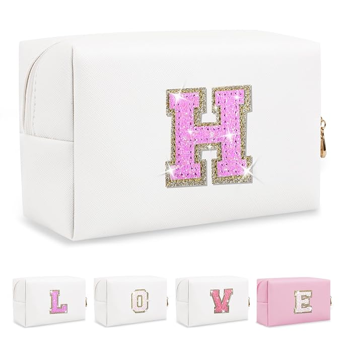 Small Initial Patch Makeup Bag Personalized Gifts Make Up Bag,White Cute PU Leather Glitter Letter Cosmetic Bag with Zipper,Trendy Portable Travel Toiletry Pouch,Preppy Stuff for Teen Girls Women H