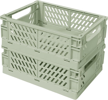 Small Pastel Plastic Storage Bins 2Pcs Foldable Pastel Crates Plastic Basket Colorful Storage Containers Baskets for Classroom Kitchen Office Bedroom Desktop Home Decor (Green 9.8" x 6.5" x 3.8")