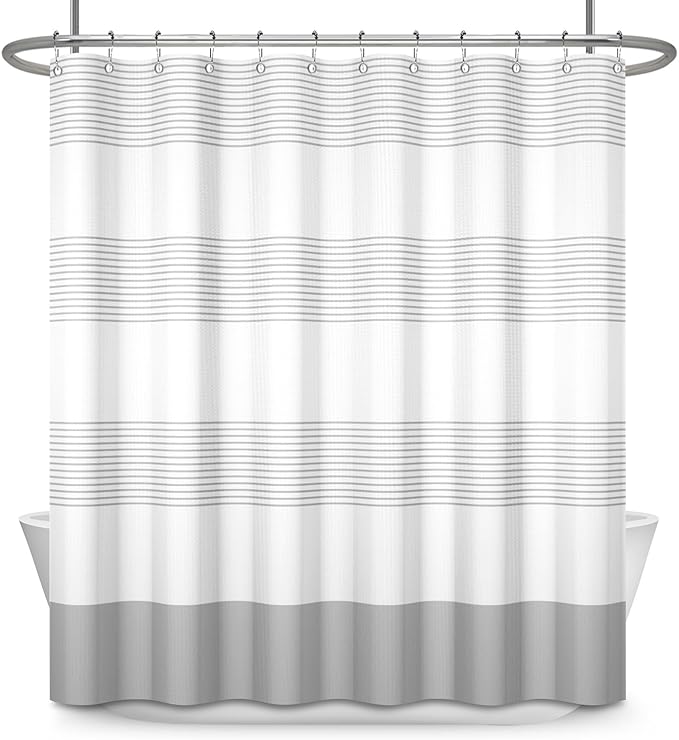 ggaimwf 36x71 Inch Striped White Grey Waffle Shower Curtain Plaid Texture Nautical Stall Bath Curtain Rustic Farmhouse Boho Neutral Bathtub Curtain for Kids Bathroom Decor Waterproof with Hooks