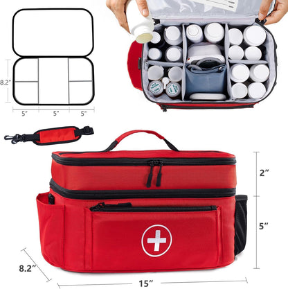 Medicine Organizer and Storage Bag Empty, Family First Aid Box, Pill Bottle Organizer Bag for Emergency Medication, Supplements or Medical Kits, Zippered Medicine Bag for Home and Travel (Red)