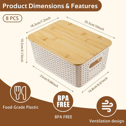 8 Pack Plastic Storage Bins with Bamboo Lids - Stackable Storage Baskets with Handle for Pantry Organizer and Storage, Plastic Containers Bins for Kitchen Bathroom Classroom Office Shelves