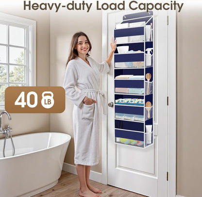 2 Pack Over The Door Organizer, Hanging Storage Organizer with Clear Window, 40lb Ultra Sturdy Large Capacity Room Organizer for Pantry Laundry Bathroom Nursery Closet (Grey)
