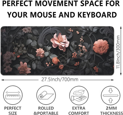 Black Art Flowers Mouse Pad,Large Vintage Floral Mousepad Desk Pad with Stitched Edges,Non-Slip Waterproof Rubber Base Mouse Mat for Office Computer Keyboard Laptop Home(27.5x11.8 in)