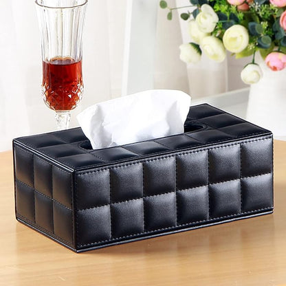 High-end Fashion PU Leather Tissue Box Holder Business Black, Rectangular Napkin Holder Drawer Paper Dispenser, Home Office Car Tissue Holder with Magnetic Bottom (Black Checkered)