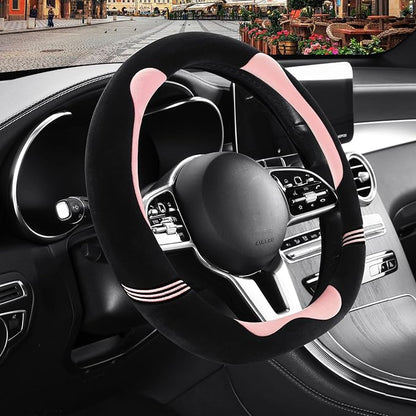 Furry Cute D Shaped Steering Wheel Cover, Soft Fluffy Short Plush Auto Accessories, Non-Slip Cold-Proof Sweat-Proof Colorfast, Universal 15 inch(Black with Pink)