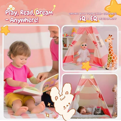 xiaowantong Teepee Tent for Kids with Padded Mat, Lights, and Carry Bag, Washable Playhouse for Indoor Use, Ideal Play Tent for Girls and Boys, Stripe Pink