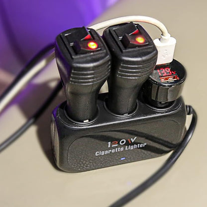 3-Socket Car Cigarette Lighter Splitter Adapter, 2 USB Splitter Extender [120W] [12V/24V] [3.1A Dual USB Car Charger] [Black] for Device with Emergency Warning Light