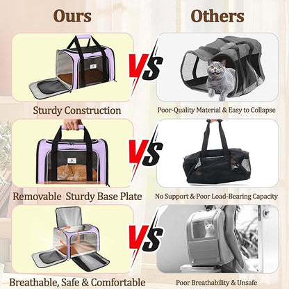 DSDCDJ Cat Carrier Dog Carrier - Soft-Sided Cat Carrier with Plush Pad & Cooling Mat, Easy-Load 4-Side Zipper & 3-Side Mesh Ventilation, Pet Carrier Airline Approved for Cats/Dogs Up to 20 lbs, Purple