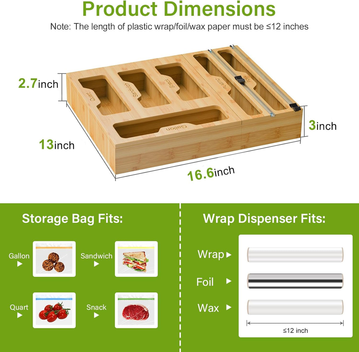 Bamboo Bag Storage Organizer - 2 Wrap Dispenser with Cutter & 4 Slots Food Storage Bags Container - Kitchen Drawer Plastic Bags Storage Organization for Gallon Quart Sandwich Snack Bags