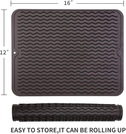 Silicone Dish Drying Mat for Multiple Usage,Easy clean,Eco-friendly,Heat-resistant Silicone Mat for Kitchen Counter or Sink,Refrigerator or drawer liner Coffee L 16 inches x 12 inches