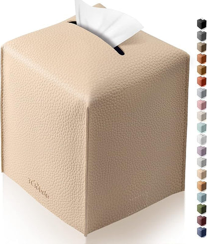Tissue Box Cover, Tclouda, Modern PU Leather Square Tissue Box Holder for Creative Decorative, Ideal for Bathrooms/Office/Car/Nightstand/Outdoor Tent/Dining Table, 5"X5"X5", Single Beige