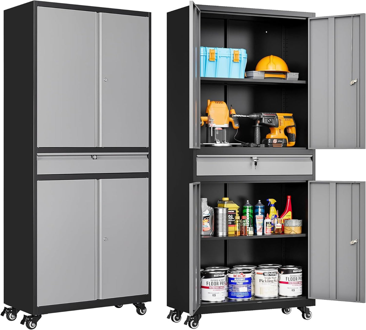 Metal Garage Storage Cabinet with Wheels and Drawer,Gray Rolling Garage Cabinet with Locking Doors and Adjustable Shelves,73" Tall Mobile Metal Storage Cabinets on Wheels for Home,Office,Garages,Tool