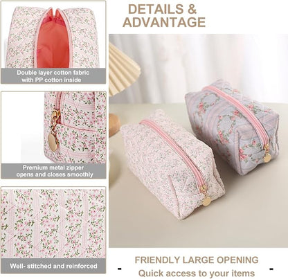 Gleyemor 2 Pieces Quilted Makeup Bag, Cute Floral Cosmetic Bag for Women, Cotton Make Up Bag Set, Flower Travel Toiletry Bag Organizer (Pink Floral+ Navy Flower)