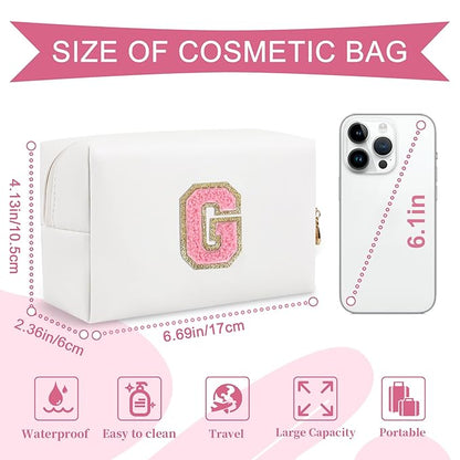 Personalized Makeup Bag Initial A-Z Preppy Patch Bag,Small PU Leather Travel Cosmetic Bag Pouch with Zipper,White Cute Toiletry Bag,Gift Ideal for Teen Girls Women Birthday Friend Mom,Letter G