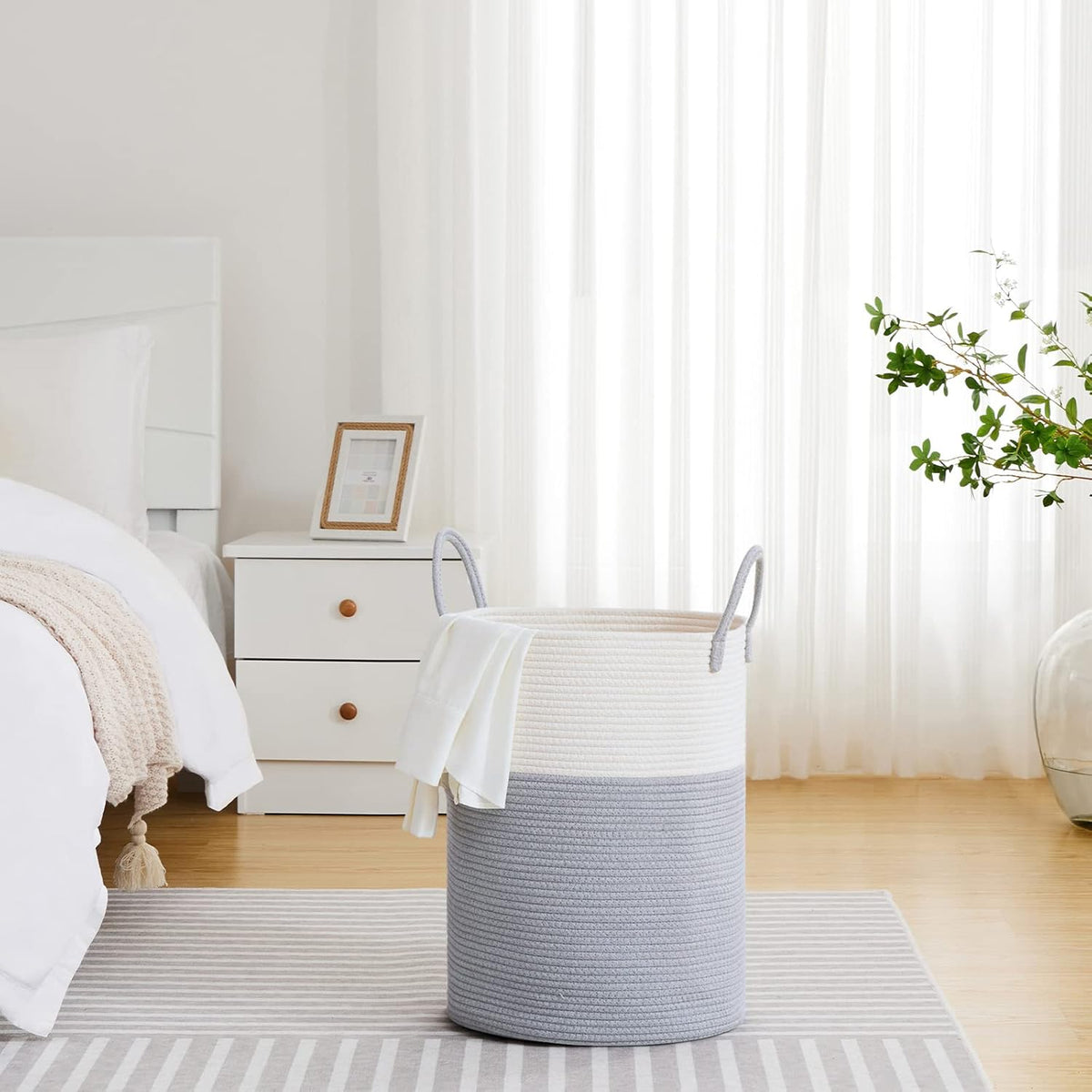 VIPOSCO Large Laundry Hamper, Tall Woven Rope Storage Basket for Blanket, Toys, Dirty Clothes in Living Room, Bathroom, Bedroom - 58L Grey & White